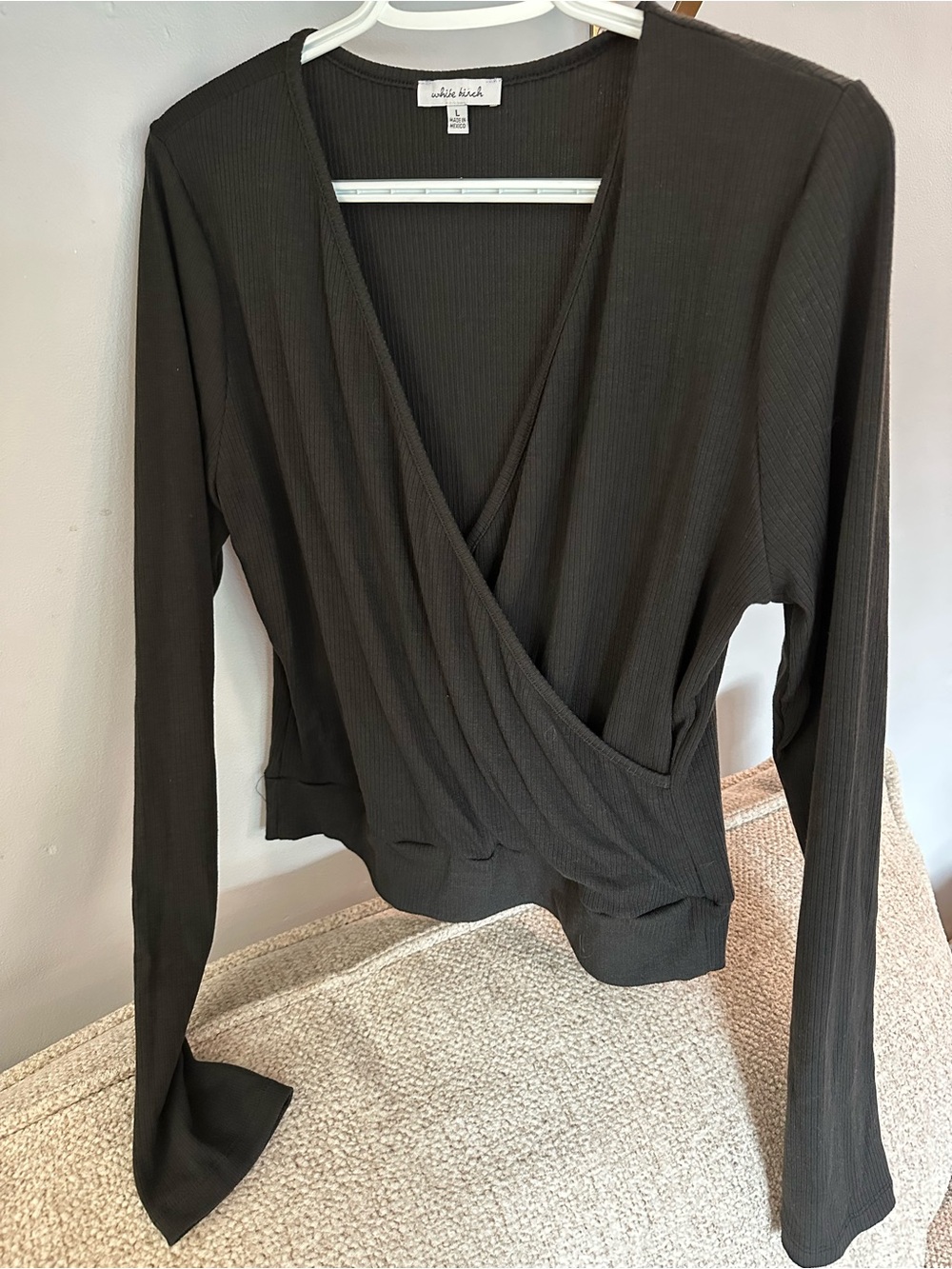 White Birch Black Ribbed Surplice Long Sleeve Top